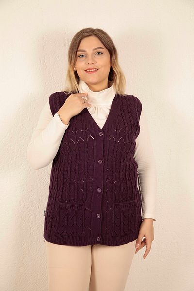 İKSUN Women's V-Neck Winter Thick Wool Chain Modeled Knitwear Buttoned Pocket Mother Vest
