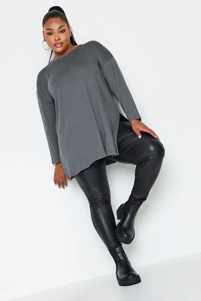 Stil Diva Plus Size Crew Neck Slit Detailed Long Sleeve Oversize Blouse321294