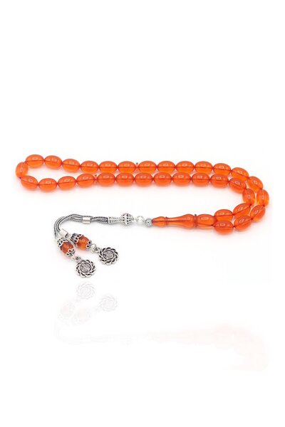 Midyat Nurtaş Gümüş Orange Tuğra Fire Amber Prayer Beads with Silver Tassels ...