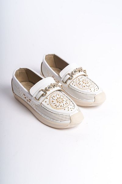 BZ Moda HIRA Laceless Orthopedic Comfortable Sole Flower Patterned Women's Ballerina Shoes KT White
