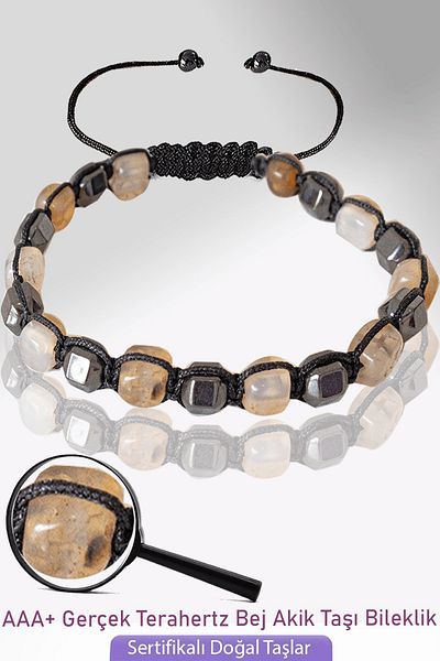 Tesbih Atölyesi Certified Cube Model Beige Agate Stone Bracelet - Adjustable