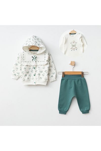 Aziz Bebe Green Leaf Patterned Baby Top and Bottom 3-Piece Cardigan Set Size 3 Months - 36 Months