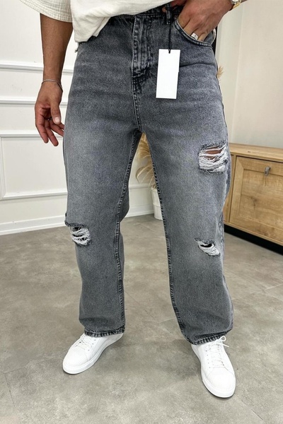 MADZEYMODA Relax Baggy Loose Fit Ripped Detailed Smoked Jean Jeans
