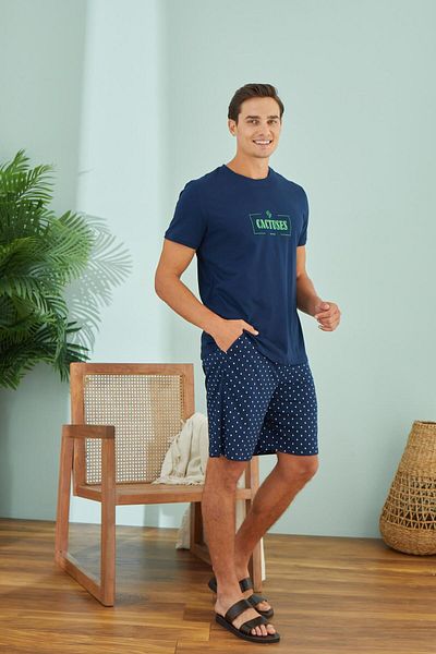 Sevim Men's Short Sleeve Navy Pajamas Suit with Shorts C0T8N49