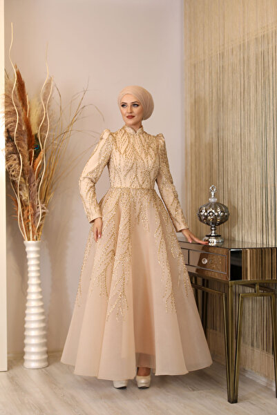 Surikka فستان سهرة للأميرة مزين بالدانتيل من الأمام باللون البيج