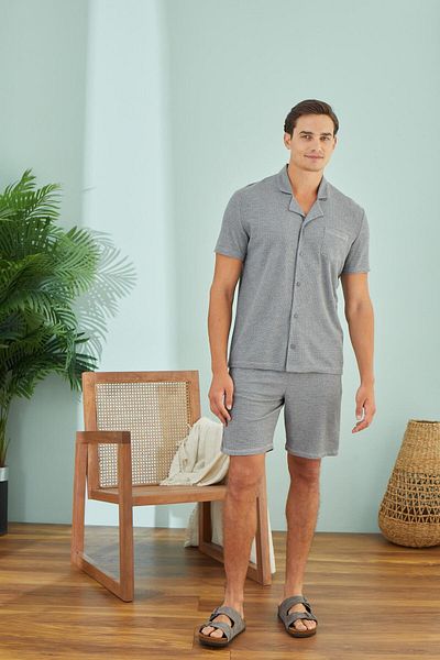 Sevim Men's Short Sleeve Front Buttoned Gray Melange Shorts Pajamas Suit C2T6N49