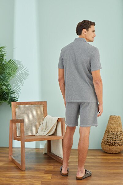 Sevim Ανδρικό κοντομάνικο μπροστινό κουμπιά γκρι μελανζέ σορτς πιτζάμα C2T6N49