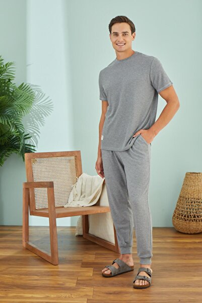 Sevim Men's Short Sleeve Gray Melange Pajama Set C1T6N49