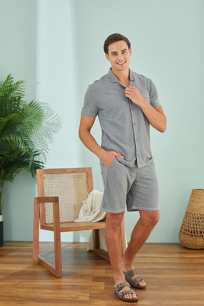Sevim Men's Short Sleeve Front Buttoned Gray Melange Shorts Pajamas Suit C2T6N49
