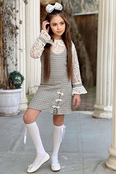 Riccotarz Κοριτσίστικο γιακά και μανίκια Δαντέλα με κεντητό καρό Chanel ύφασμα γκρι φόρεμα