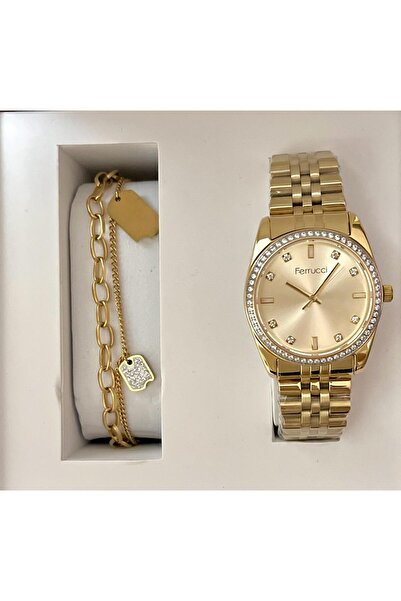 Ferrucci Tasarım Gold Renk Kadın Kol Saat+%100 Çelik Bileklik Set