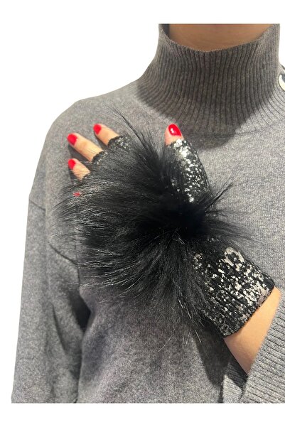 BEGART Gümüş Varaklı Parmaksız Siyah Kürklü Eldiven