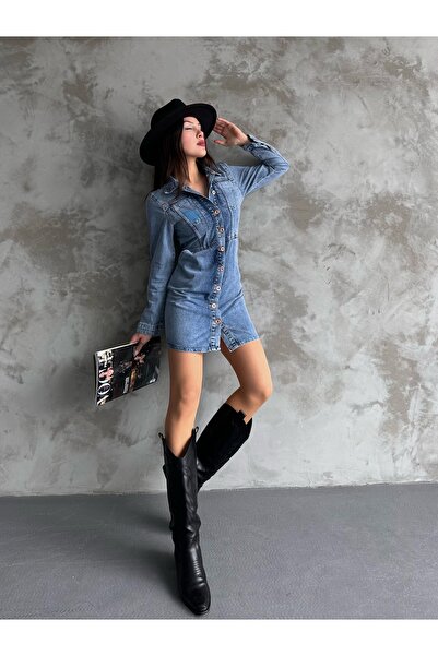 HARMONY GLOBAL Rochie de damă, cu mâneci lungi, din denim, cu buzunar, mini rochie 6043