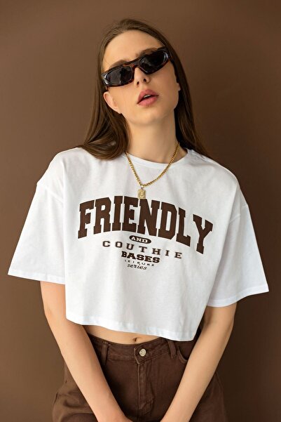 SELF CONTROL Cc Store Friendly Друкована біла кроп-футболка оверсайз