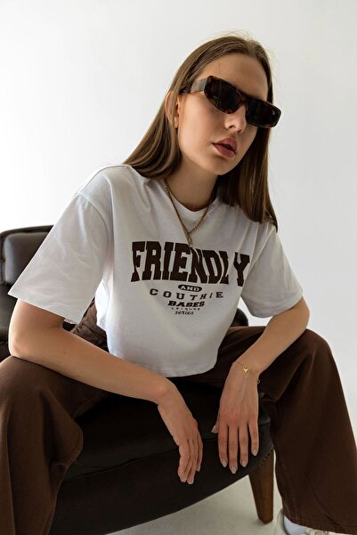 SELF CONTROL Cc Store Friendly Друкована біла кроп-футболка оверсайз