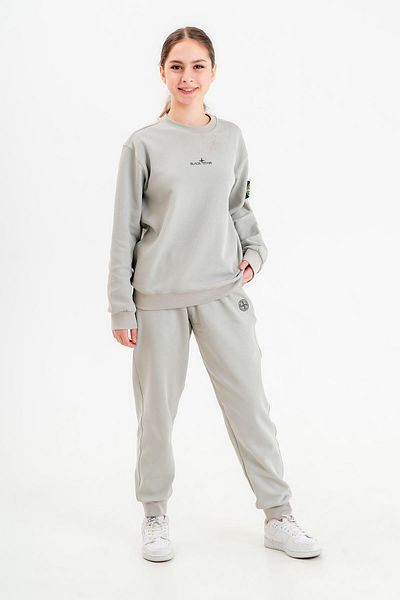 Black One Crew Neck Print Detailed Girl's Lower Upper 2-Piece Tracksuit Set