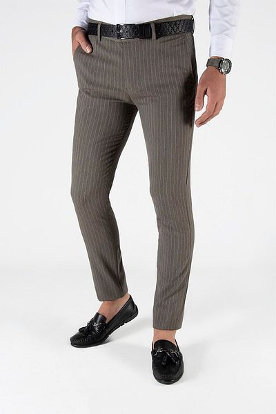 ADEGO Ανδρικό λινό παντελόνι Coffee Color Slim Fit ριγέ - Ιταλική κοπή