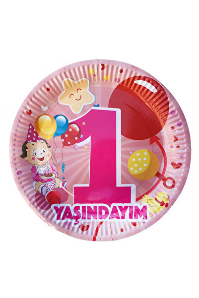 TATLI GÜNLER Karton Tabak 1 Yaşındayım Yazılı Balonlu 23 Cm - 8'li Pembe