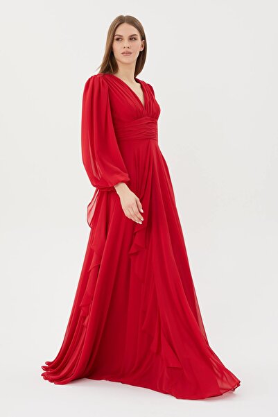 HaHelin Omuzdan Büzgülü V  Yaka Pile Detaylı Mezuniyet Elbisesi