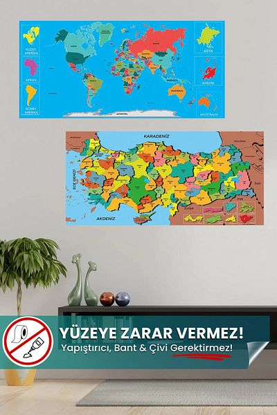 Pi Papers Colorful World and Türkiye Map - Non-Adhesive, Relocatable, Static Smart Paper