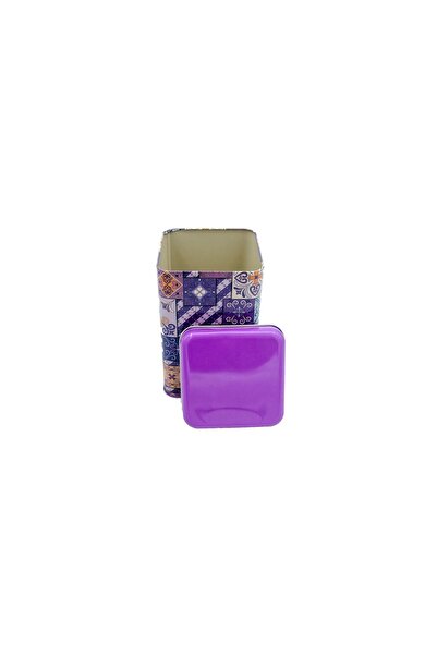 EVLE Ef022-o0 Purple Plaid Patterned Flat Purple Patterned Square Metal Storage Container 11x11 Cm