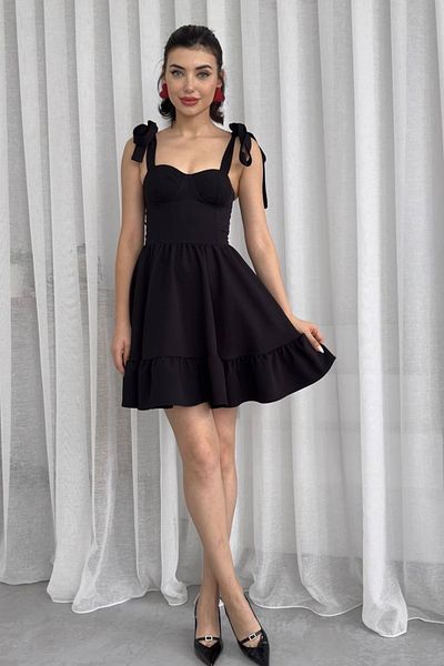 lovebox Women's Atlas Fabric Flared Black Mini Evening Dress with Chest Pad and Tie Strap Design 236