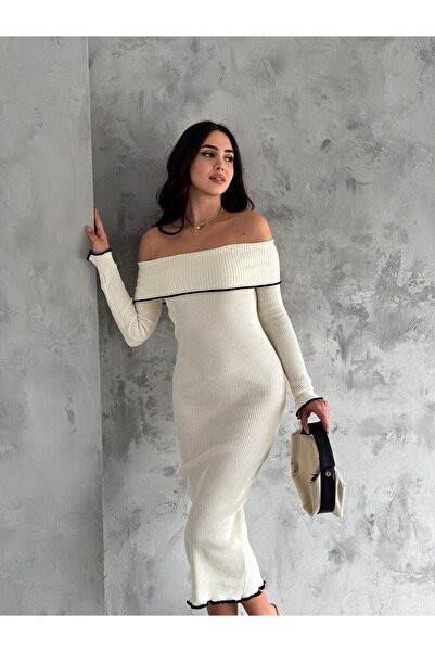 JUST MAY Madonna Yaka Krem Rengi Triko Elbise