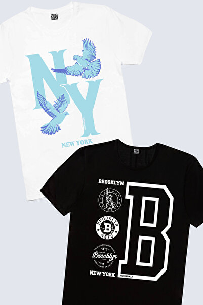 ROCKANDROLL Brooklyn Logo Black, NY Pigeons Bela muška majica Eco paket od 2 ...