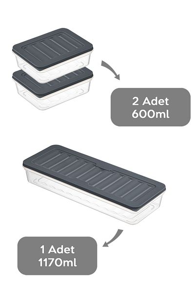 Meleni Home 3-Piece Anthracite Storage Container - Microwave Compatible, 1x1170ml & 2x600ml