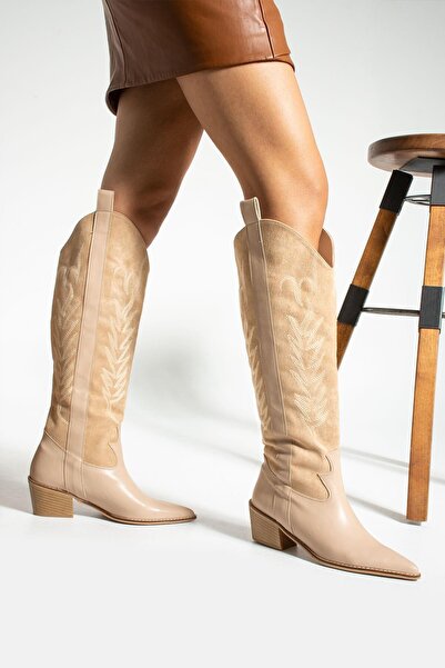 Seniorah Γυναικείες καουμπόικες μπότες Lily Beige Suede