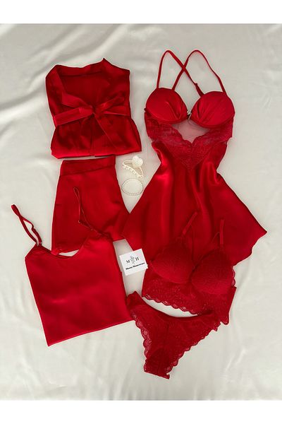 MH Moony Homewears Boxed Omugole Red Satin Supported Nightgown Dressing Gown Pajamas Dowry Set