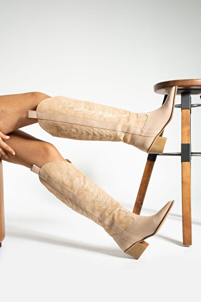 Seniorah Γυναικείες καουμπόικες μπότες Lily Beige Suede