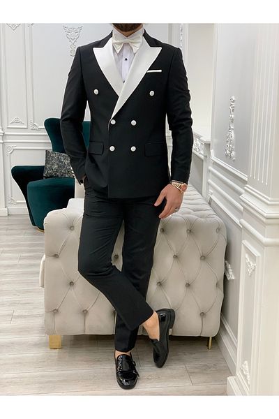 LONATOLİA Men's Double Breasted Tuxedo Groom Suit White Satin Collar Italian Style Slim Fit Jacket Trousers-white
