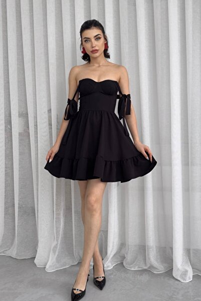 WOMAN VISION Rochie mini evazată pentru femei, din țesătură Atlas neagră, cu ...