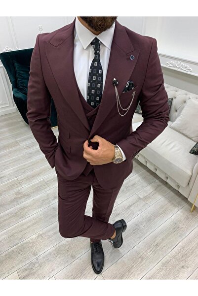 LONATOLİA Erkek Takım Elbise İtalyan Stil Slim Fit Ceket Yelek Pantolon-Bordo