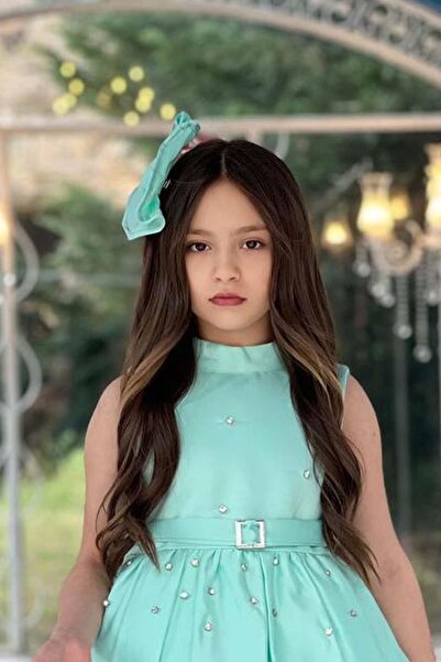 Riccotarz Girl's Jewelled Embroidered Belt Detailed Pleated Water Green Dress