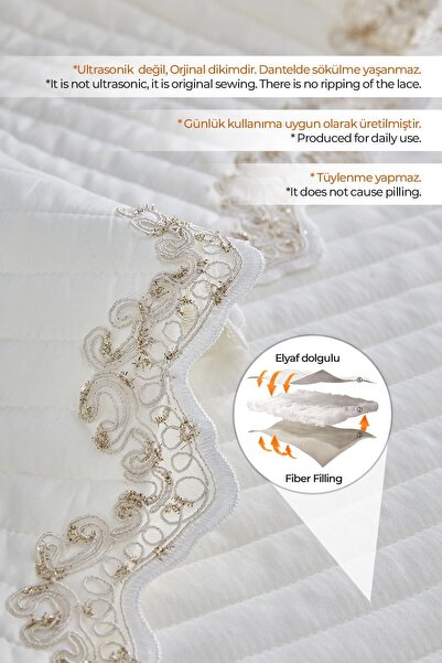 Evlen Home Collection Mihrimah Dantelli Çift Kişilik Kapitone %100 Pamuk Yatak Örtüsü ( Pike ) Takımı Set Yıkanabilir Krem