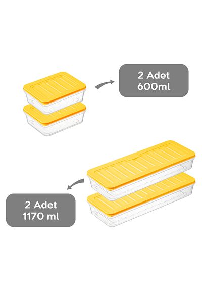 Meleni Home 4-Piece Refrigerator Organizer - Suitable for Microwave and Freezer, Yellow 2 X 1170 ml - 2 X 600 ml