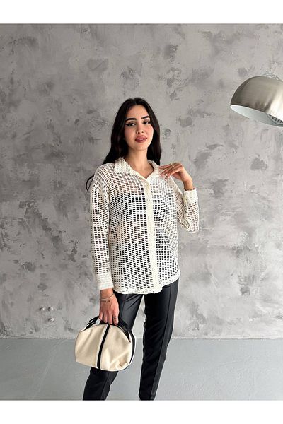 WEAR AND WEAR Women's Cream Openwork Hole Oversize Shirt Seasonal New Season Off Shoulder Textured Mesh Shirt