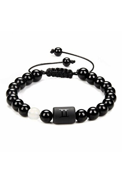 Tesbihane Macrame Braided Globe Cut Moonstone & Onyx Stone Gemini Sign Natural Stone Men's Bracelet