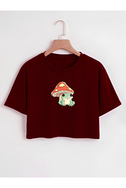 Ginevra Tricou crop oversize pentru damă, cu decolteu circular, cu imprimeu c...