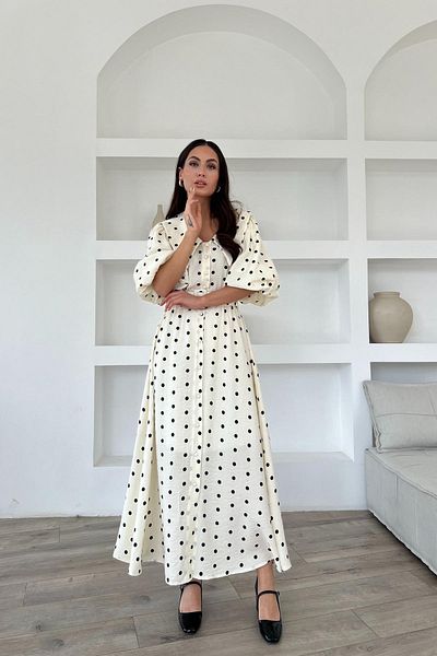 Seda Yalçın Atelier Beige Polka Dot Patterned Button Detailed Balloon Sleeve Dress