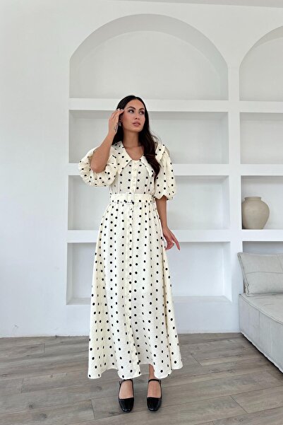 Seda Yalçın Atelier Beige Polka Dot Patterned Button Detailed Balloon Sleeve Dress