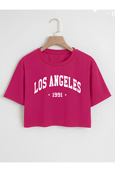 Ginevra تي شيرت نسائي قصير برقبة دائرية كبيرة الحجم مطبوع عليه لوس أنجلوس