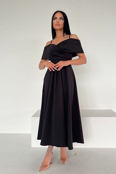 lovebox Women's Flexible Scuba Fabric Cross Collar Design Strap Black Midi Evening Dress582586