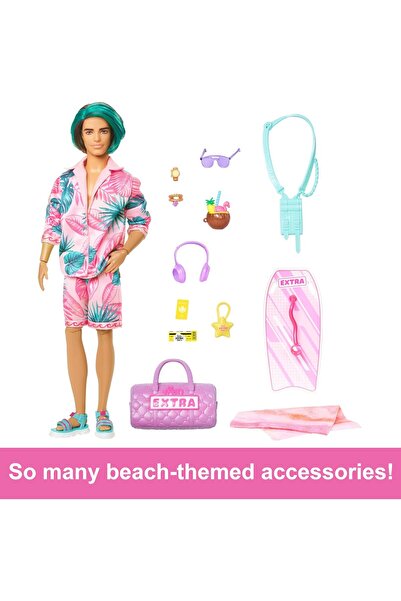 Barbie Extra Seyahat Ken Plaj Moda Bebeği  Boogie Board ve Spor Çantası ile Tropikal Kıyafet HNP 86