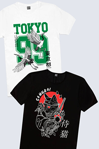 ROCKANDROLL Tokyo 99 White, mačka Samurai muška majica, ekološki paket od 2 k...