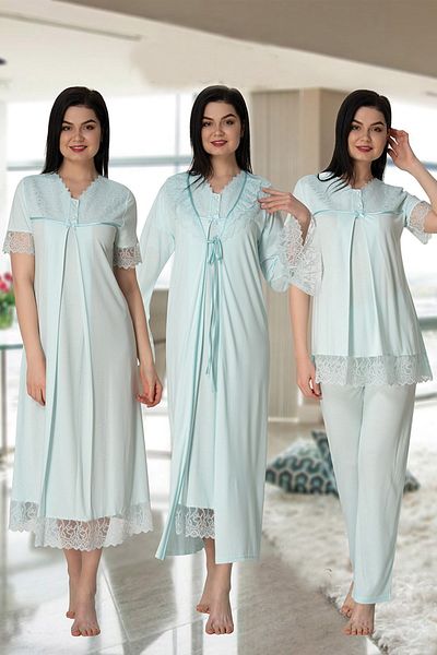 Lohussa Women's Turquoise Design Cotton Maternity Maternity Dressing Gown Pajamas Set Nightgown Set of 4