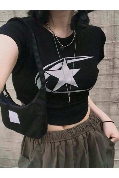 Jose Clothing Γυναικεία κοντομάνικη μπλούζα από οργανικό βαμβάκι με μαύρη στάμπα