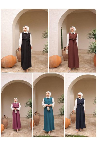 asyadabutik Belted Gold Buttoned Striped Hijab Dress
